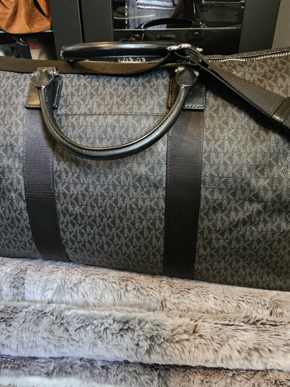 Michael Kors Black Gray MK Monogram Travel Duffel Bag - Picture 3 of 14